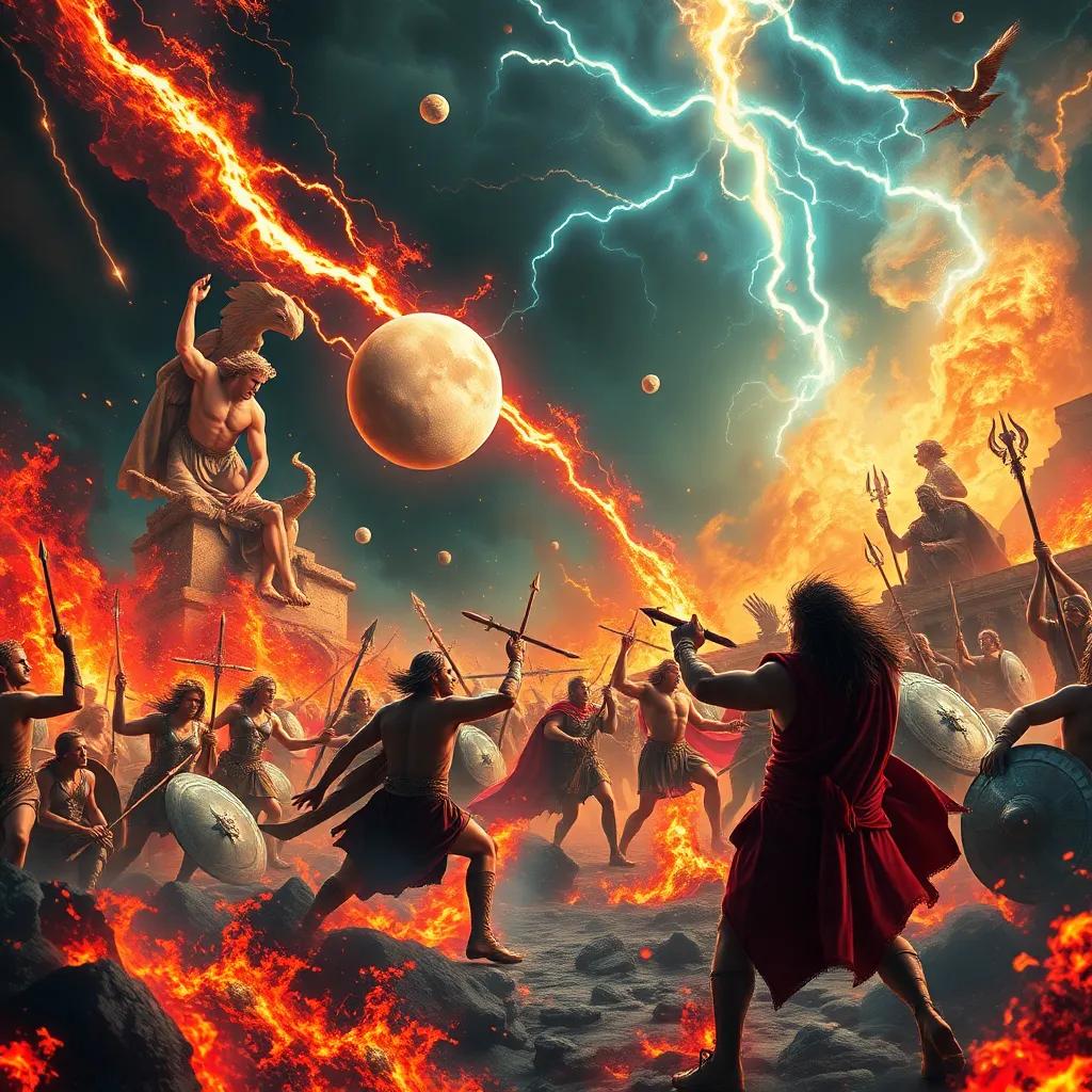 The epic battle scene in ancient Greece, with gods and Titans clashing fiercely, Jupiter sending down thunderbolts while Prometheus leads the charge, dynamic action, full of flames and chaos, vivid colors, dramatic lighting, wide-angle view, fantasy style