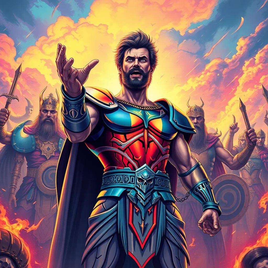 Prometheus encouraging the gods amidst the chaos of battle, standing tall with a determined expression, flanked by their gleaming armor, background of stormy skies and battling Titans, detailed illustration, bright colors and strong contrasts, action-packed perspective