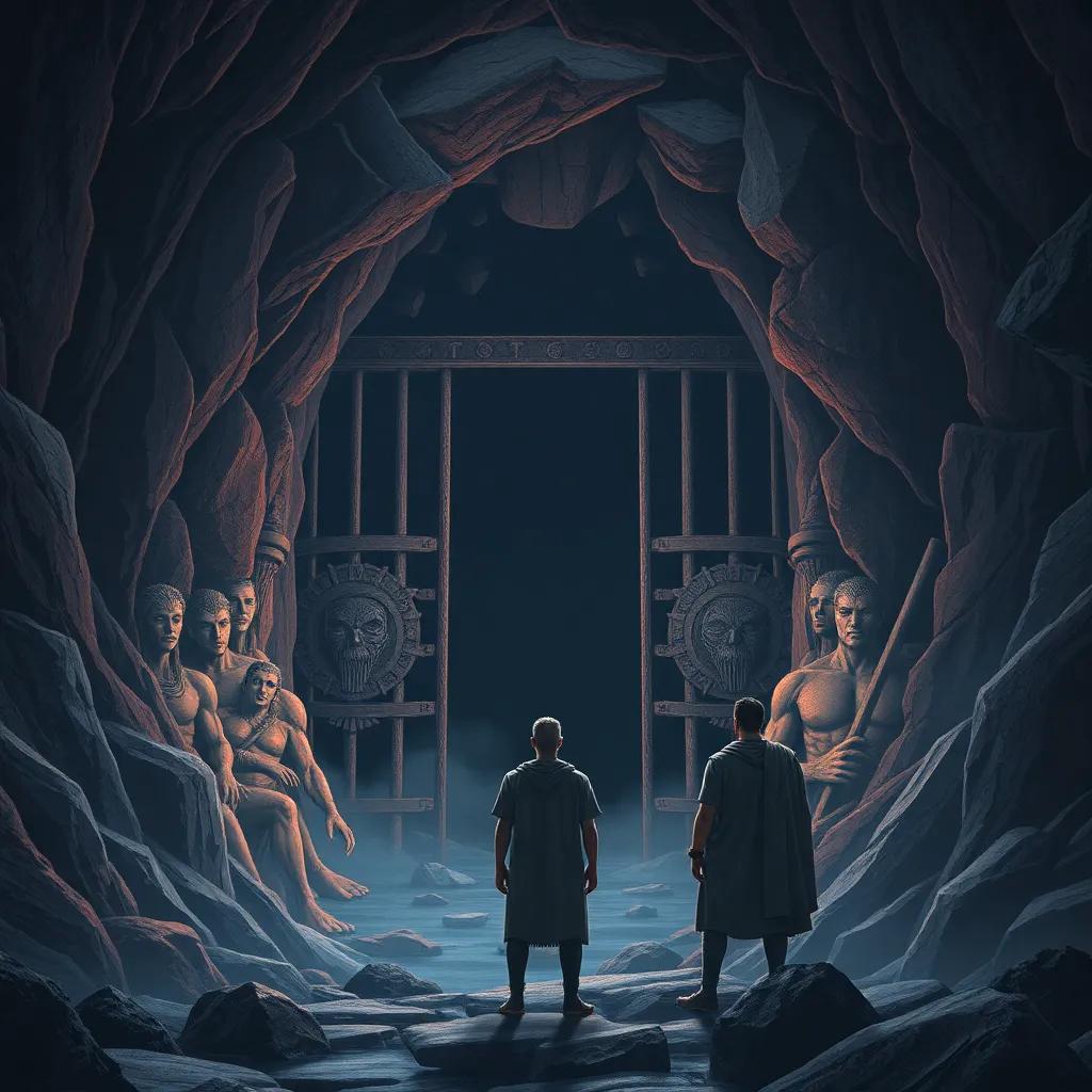 The Titans being imprisoned in a cavern, with bronze gates being reinforced, Prometheus observing with a heavy heart, dark cavern entrance surrounded by rocky landscapes, somber atmosphere, muted colors, dramatic lighting, high-quality artwork