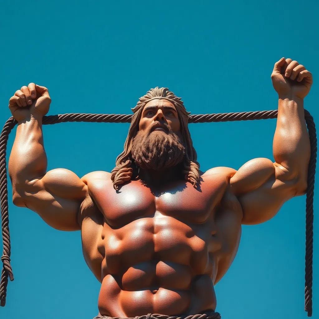 The Titan Atlas, a muscular figure, holding up the sky with a determined look, against a clear blue background, depicting immense strength and burden, visually striking, realistic textures, dramatic lighting