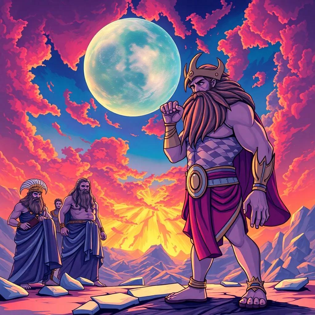 Prometheus defending humans in front of an angry Jupiter, standing confidently while the gods look worried, colorful backdrop of a rich Greek sky, bold expressions on characters, detailed illustration, storytelling aspect, vibrant colors