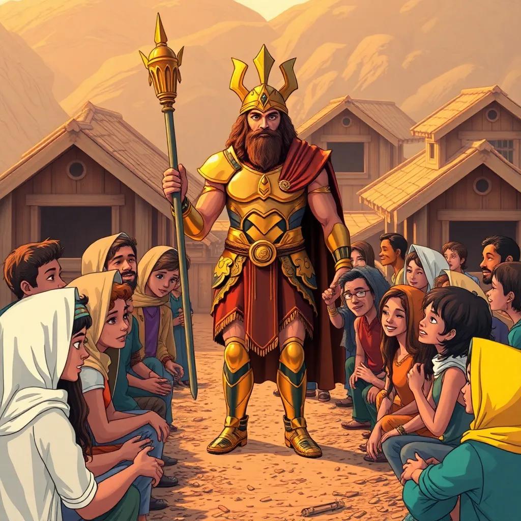 Prometheus standing proudly among humans, teaching them to build houses with smiles and gratitude, rustic background of homes being constructed, warm colors and inviting atmosphere, community spirit visible