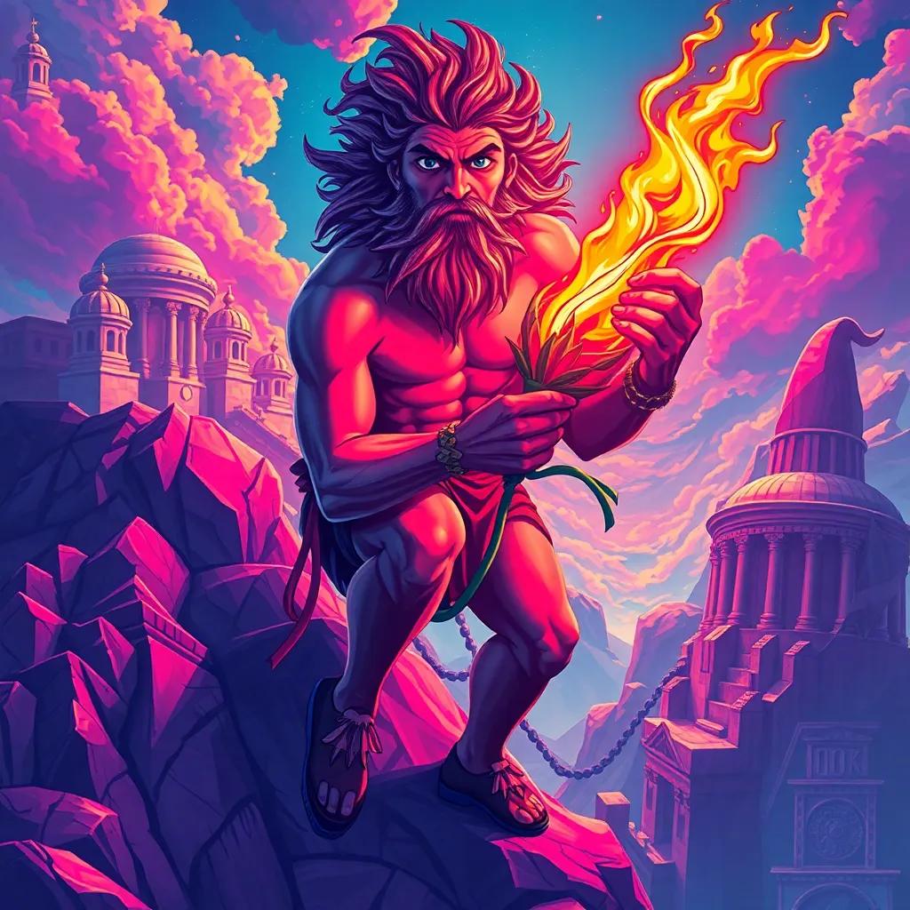 Prometheus climbing Olympus, stealing the red fiery flower, determined expression on his face, intricate details of sacred places in the background, bright colors and vibrant imagery