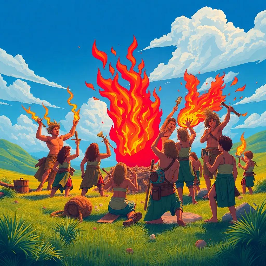 Humans flourishing with the red fire, crafting tools and building together, lively scene filled with teamwork, surrounded by green landscapes and blue sky, bright and happy atmosphere, detailed, encouraging message