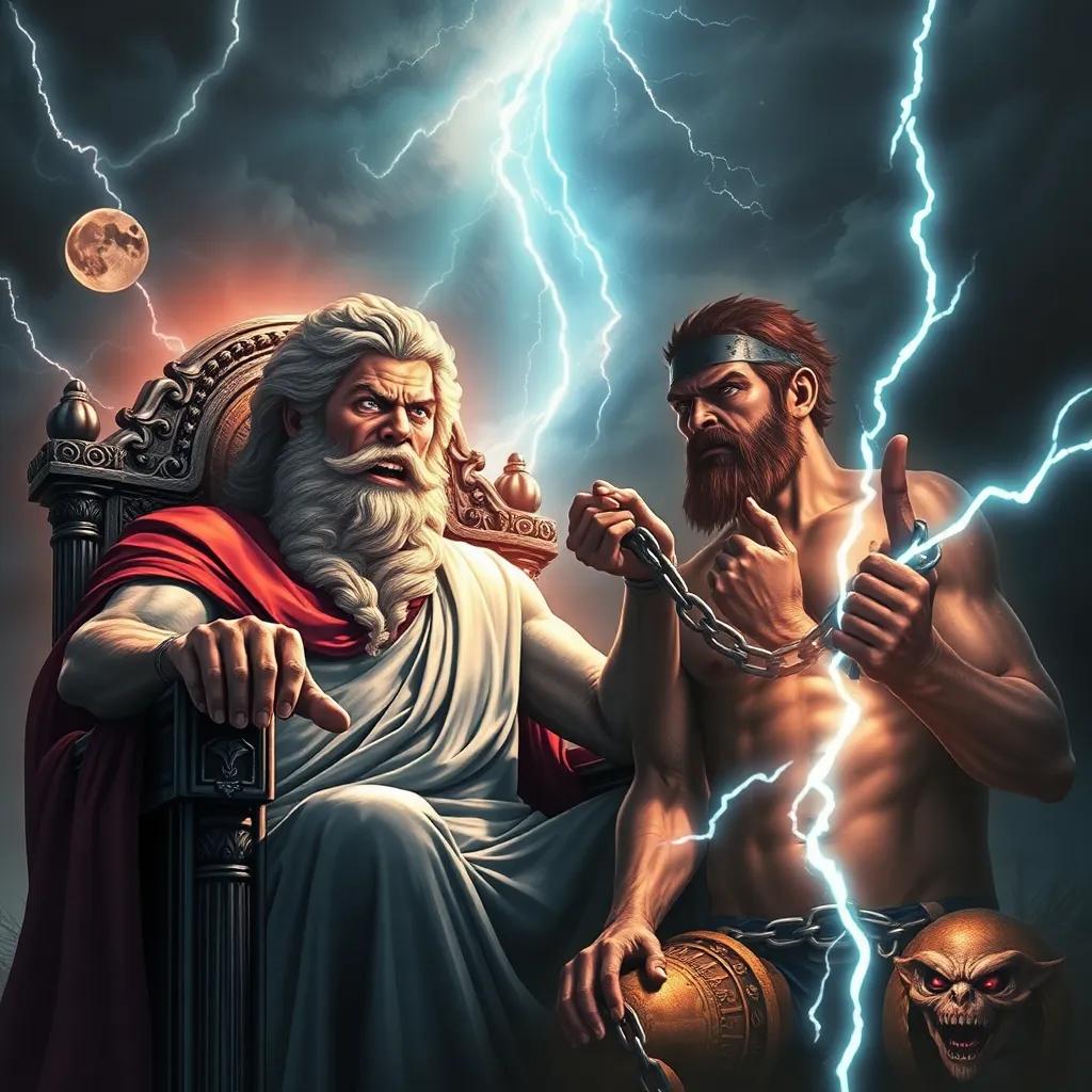 Jupiter furious in his throne, with loud thunder and dark clouds while Prometheus looks defiant in his chains, intense mood with bright lightning illuminating their faces, high detail, dramatic tension articulation