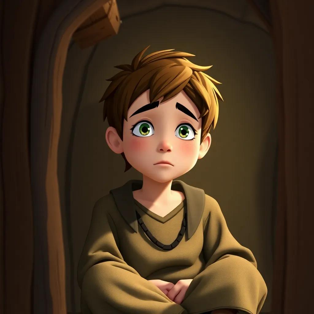 A poor young man named Jack, with short brown hair, wearing simple clothes, sitting in a small modest cottage, looking sad yet hopeful, warm lighting, cozy atmosphere, digital art