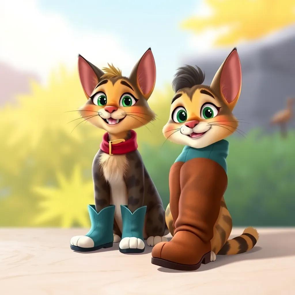 A clever cat, Puss, wearing tall, stylish boots, sitting confidently beside Jack, with a bright smile and gleaming eyes, cheerful colors, engaging view, detailed illustration
