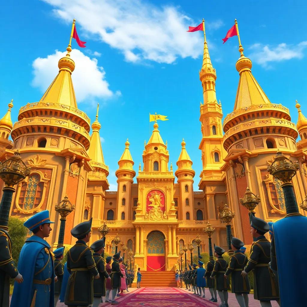 The king's grand castle, majestic and golden, with guards looking curious and impressed, bright blue sky, sunny day, magical feeling, high quality artwork