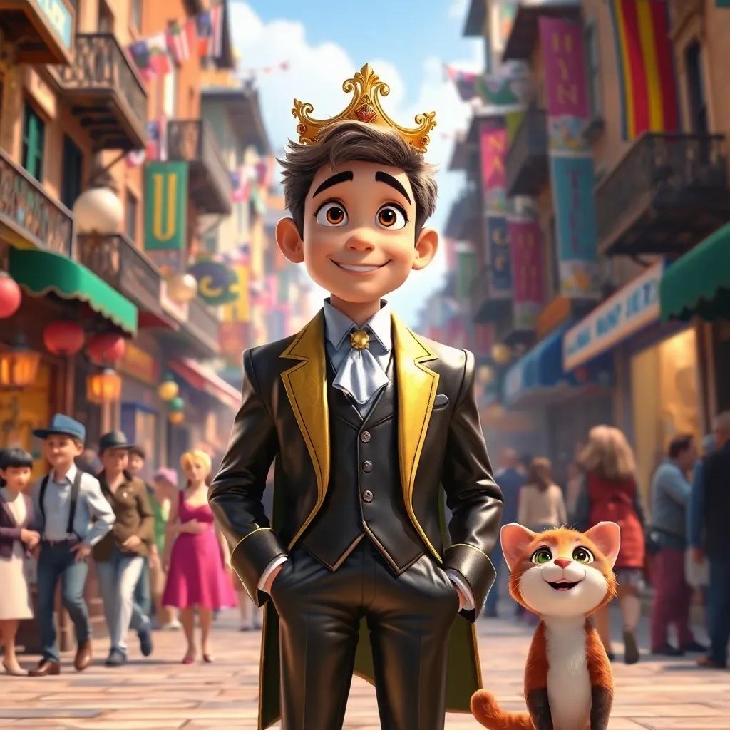 Jack dressed as a wealthy prince, wearing a shiny suit, with Puss beside him, exploring a bustling town filled with people and colors, vibrant scene, joyful atmosphere
