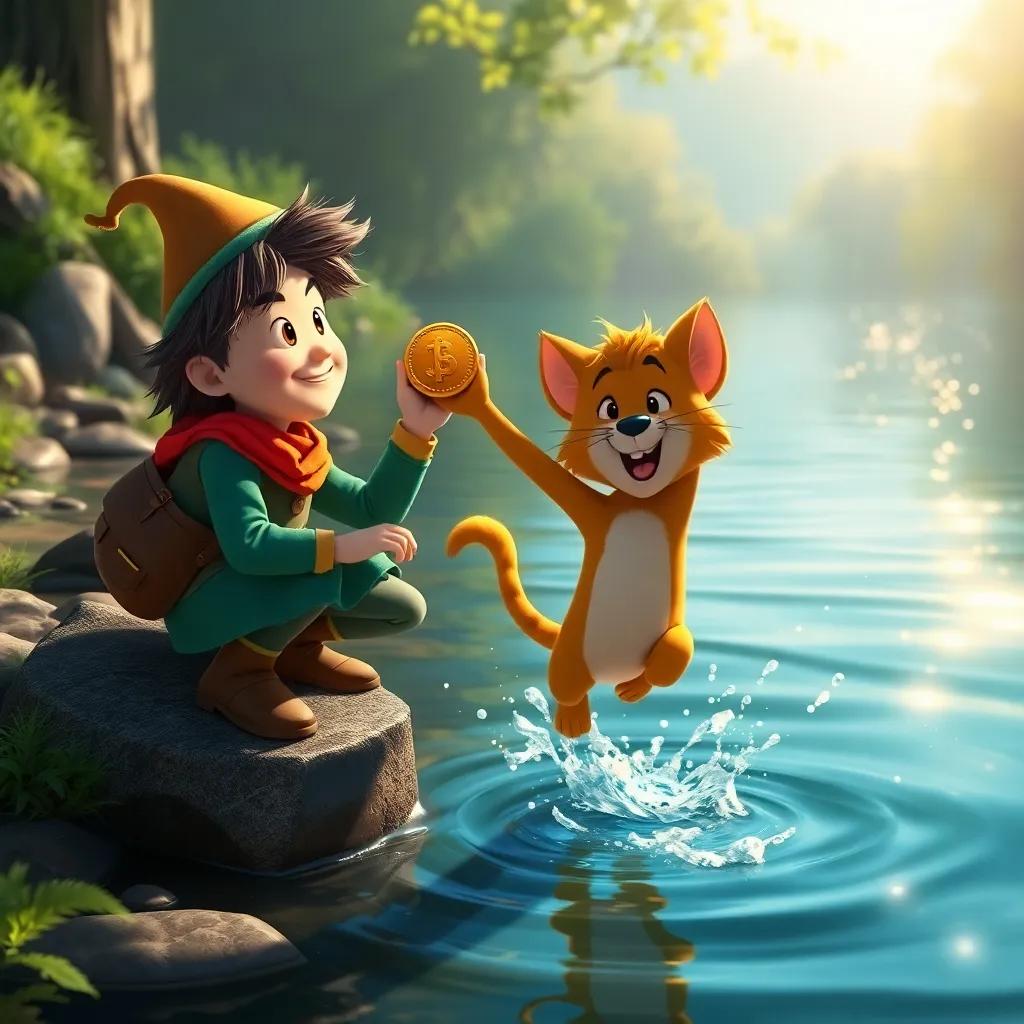 Jack and Puss by the river, with sunlight sparkling on the water, Puss holding a shiny gold coin, jumping into the river with a splash, enchanting scene, playful vibe