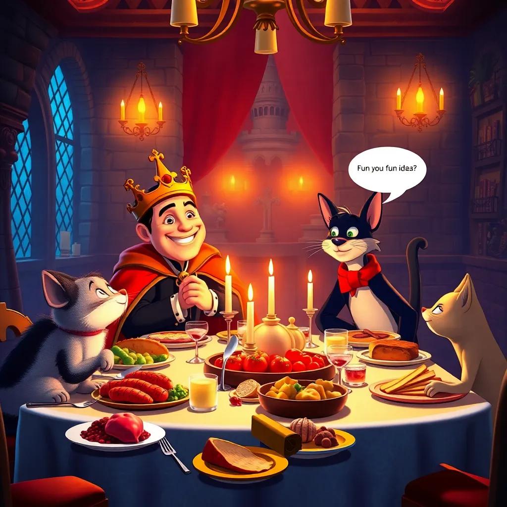 A lavish dinner table at the castle, with the king smiling at Jack, lavish food around, Puss quietly whispering fun ideas, festive colors, warm lighting