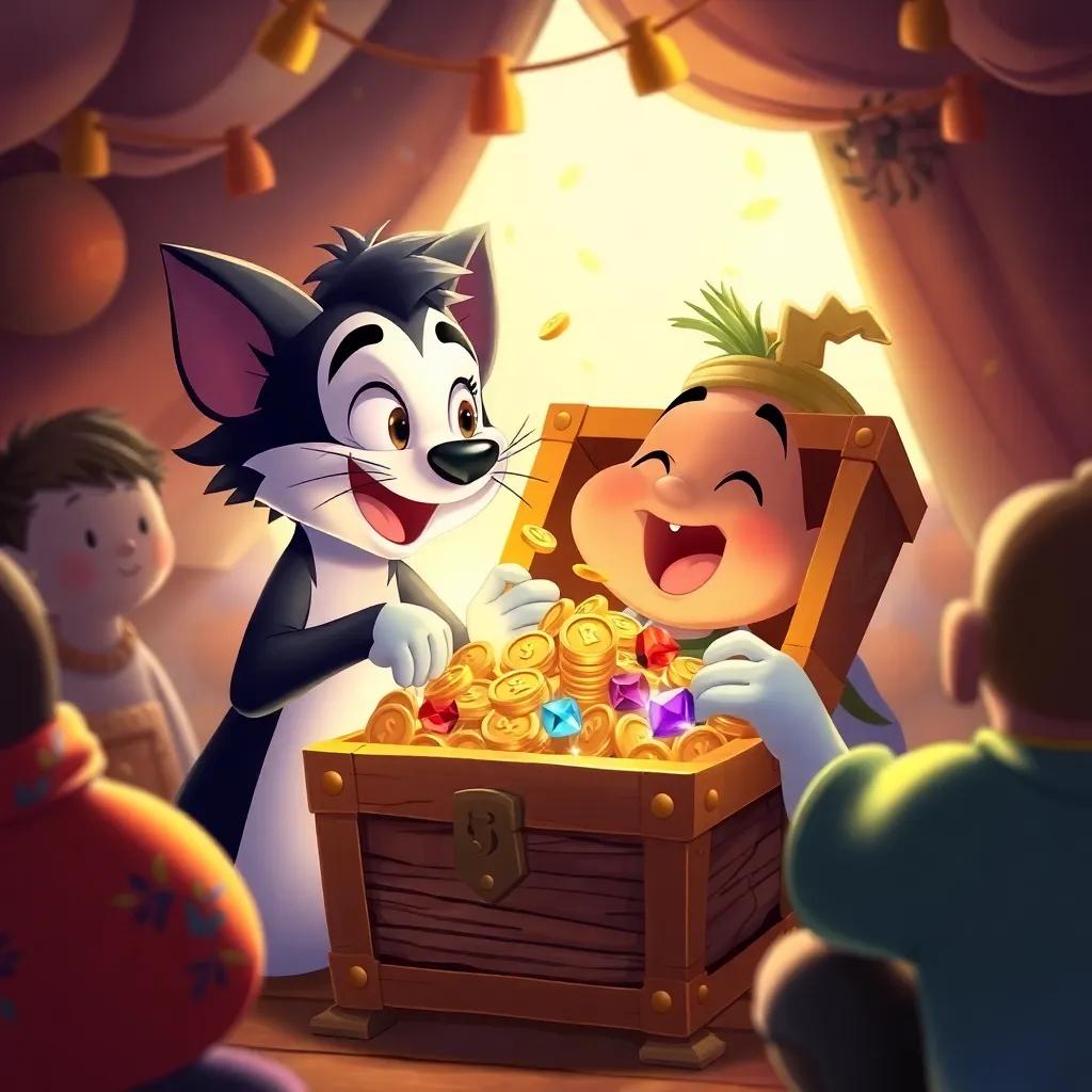 Puss and Jack celebrating with a treasure chest filled with coins and gems, surrounded by friends, warmth and excitement in the air, engaging children's book illustration