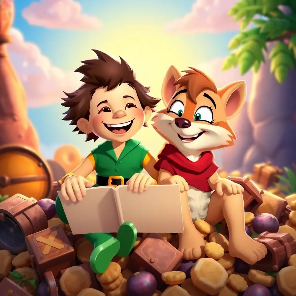 The two friends, Jack and Puss, sitting together on a pile of treasures, smiling and sharing stories, happy background with bright colors and sun, joyful scene
