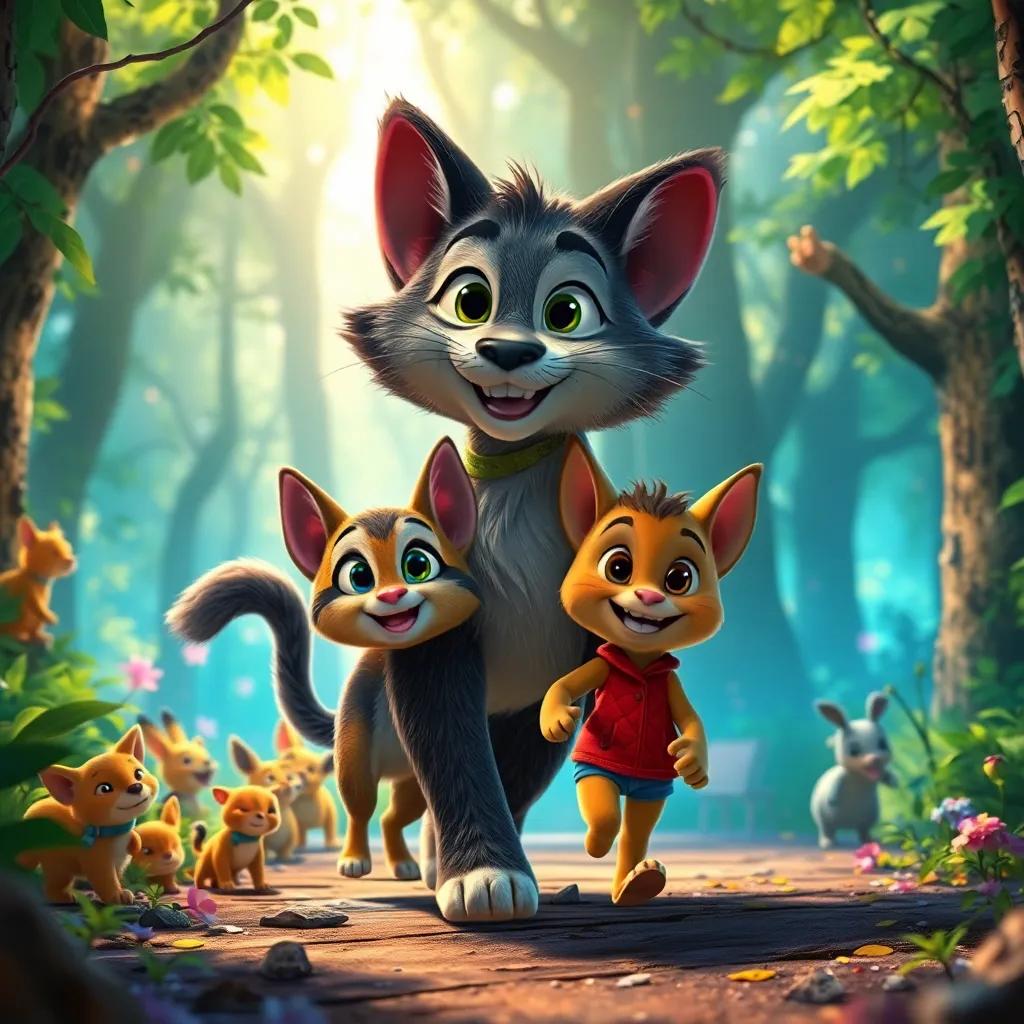 Puss and Jack walking through a bright, enchanted forest, happy animals around, filled with adventure and friendship, captivating imagery that invites joy.