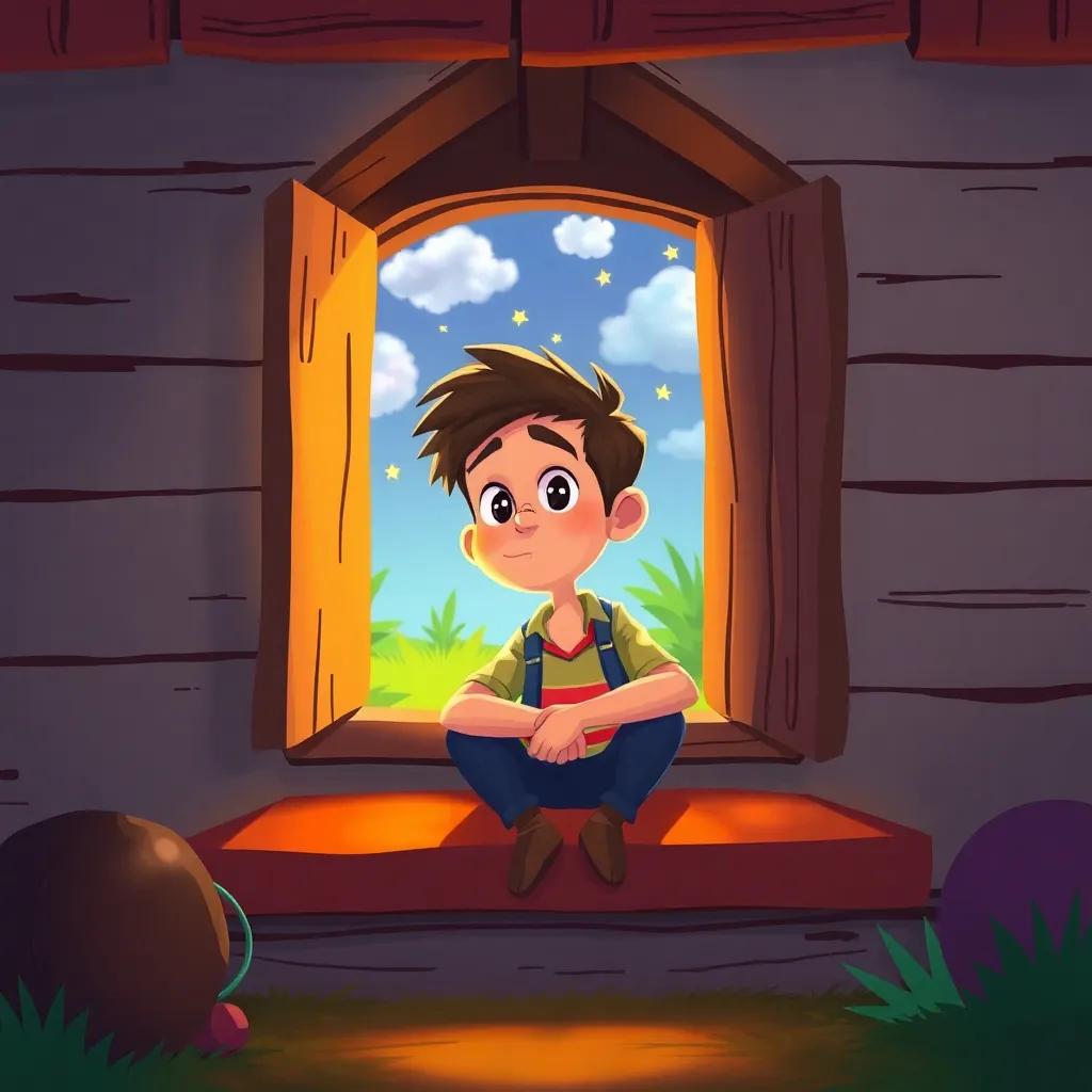 A poor man named Jack sitting in a small, cozy house, gazing out the window with dreams in his eyes, illustrated in a colorful, cheerful style, warm and inviting light