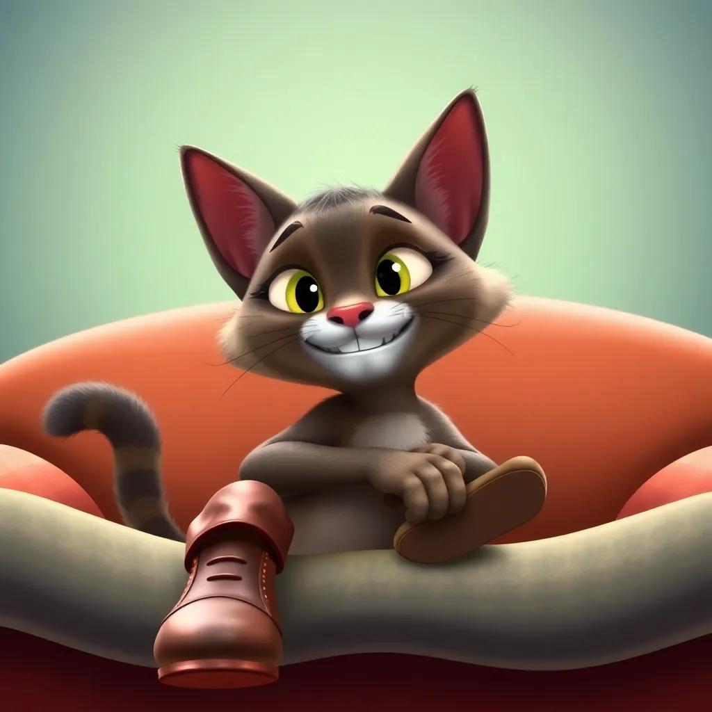 Puss the cat, a clever feline with sleek fur, wearing shiny boots and a playful grin, lounging on Jack's lap with a twinkle in his eyes, cartoonish and cute style, bright colors