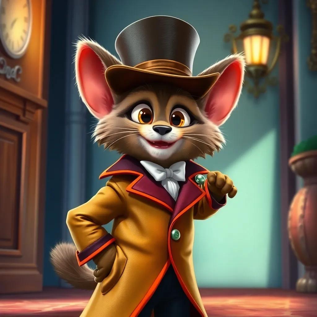 Puss dressed up in a colorful grand coat and a fancy hat, striking a pose as he prepares to leave the house with excitement, detail-rich illustration, lively atmosphere