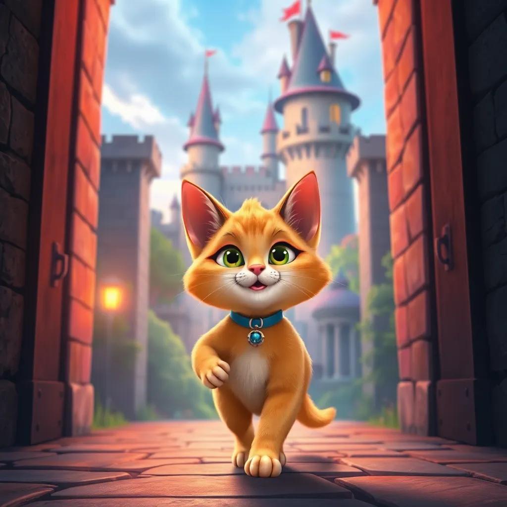 Puss the cat confidently walking through the castle gates with charm, the tall castle towers in the background, colorful digital art, magical light
