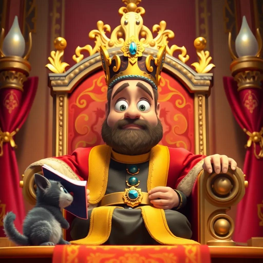 A surprised king sitting on his grand throne with a curious expression, listening to Puss's tales, surrounded by opulent decorations, vibrant colors