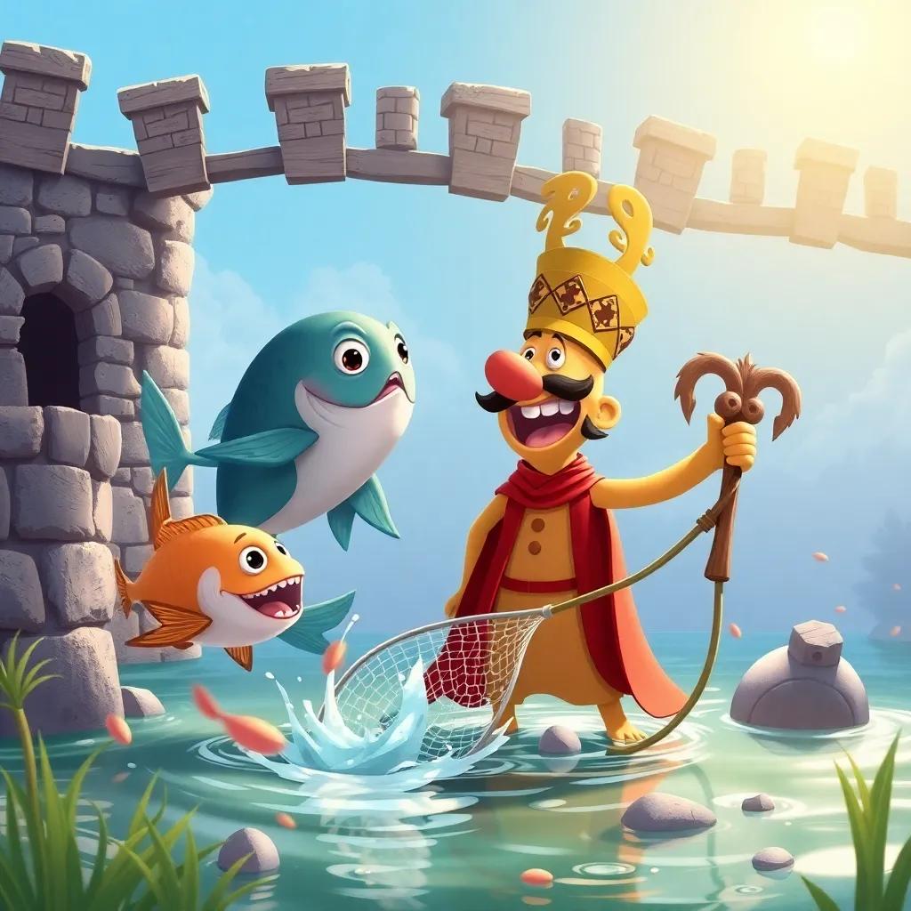 Puss with big fish swimming in the moat, the king eagerly grabbing his net, a sunny day with playful activities, whimsical illustration