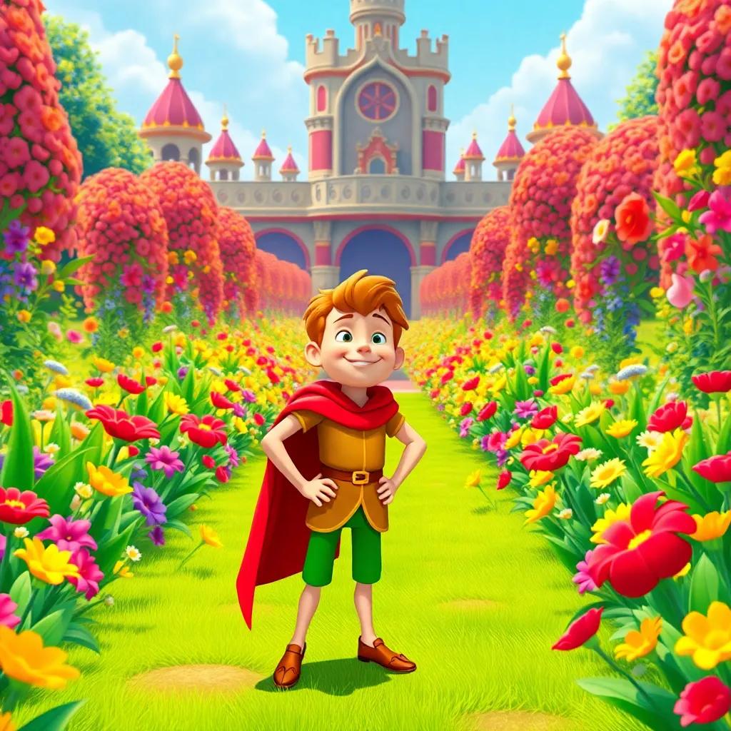 Jack standing tall and proud in the king's magnificent garden filled with colorful flowers, feeling excited as he prepares to meet the king, bright and cheerful