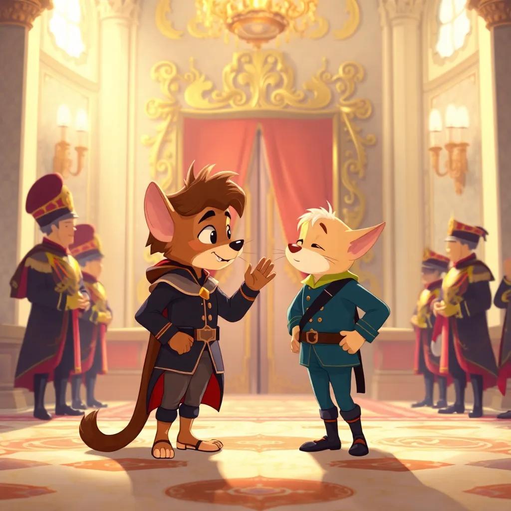 Puss whispering encouragement to Jack as they step into the royal palace, surrounded by guards and beautiful decor, intimate illustration, soft light