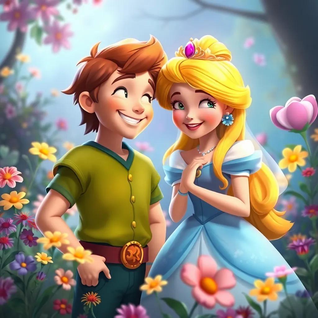 Jack and the princess meeting for the first time, both smiling and joyful, with colorful flowers around them, a fairytale atmosphere, enchanting colors