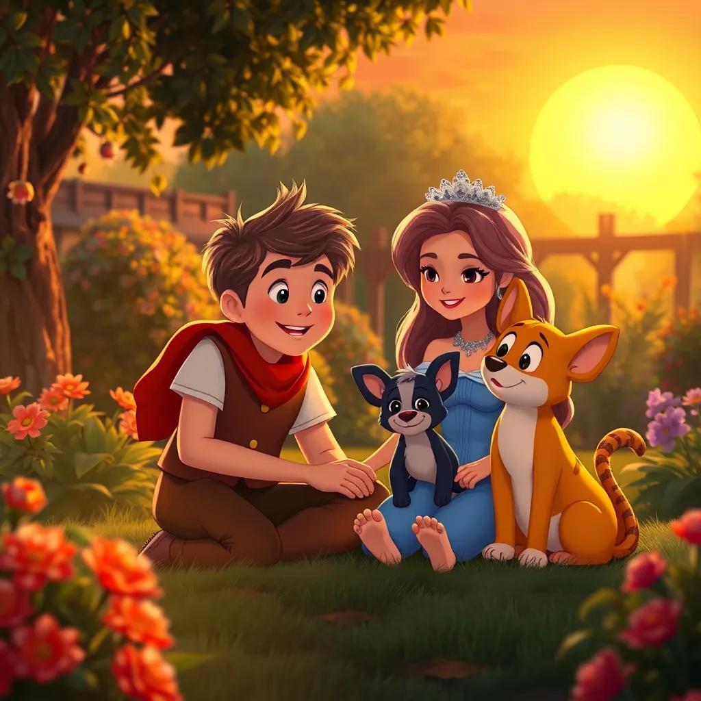 A happy ending scene with Jack, the princess, and Puss sitting together in the garden, a bright sunset in the background, heartwarming illustration, rich and warm tones