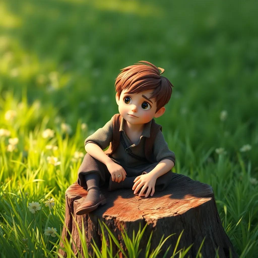 A poor young man, Jack, with short brown hair, wearing ragged clothes, sitting on a wooden stump, looking sad in a green meadow, digital art, soft colors, warm light, inviting atmosphere, high quality