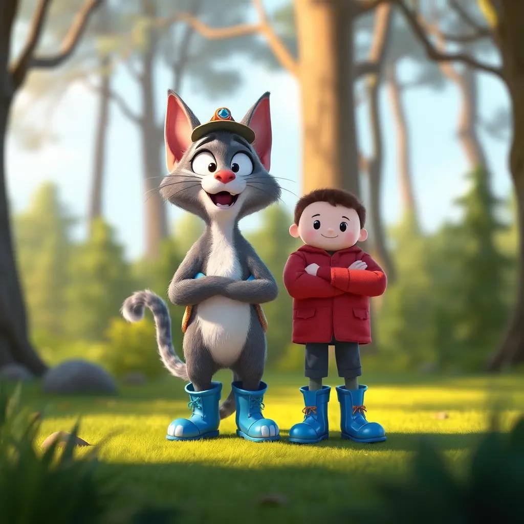 Puss, a clever cat with grey fur, wearing stylish blue boots and a small fancy hat, standing confidently with an excited expression beside Jack, in a forest clearing, cheerful mood, colorful illustration, animated style