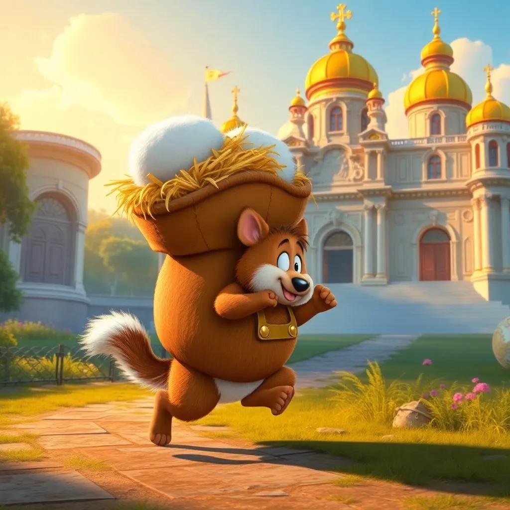 A big sack filled with fluffy hay being carried by Puss while he hops towards a grand palace, golden light shining on the building, whimsical style, vibrant colors, happy scene, high quality