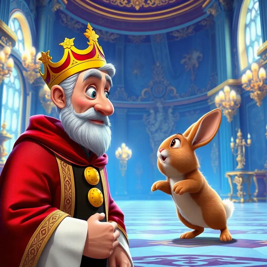 The king, an older man with a royal robe, looking surprised at a fluffy brown rabbit that Puss just released, inside a grand palace filled with fancy decorations, digital painting, detailed, bright and lively colors