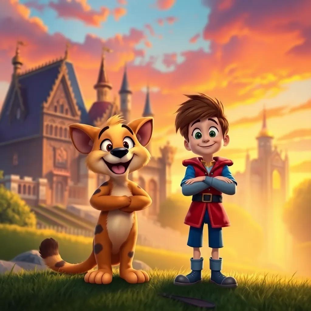 Puss smiling and standing proudly next to Jack, who looks amazed, with the royal palace in the background, colorful sunset sky, warm and magical atmosphere, storybook illustration, enchanting details
