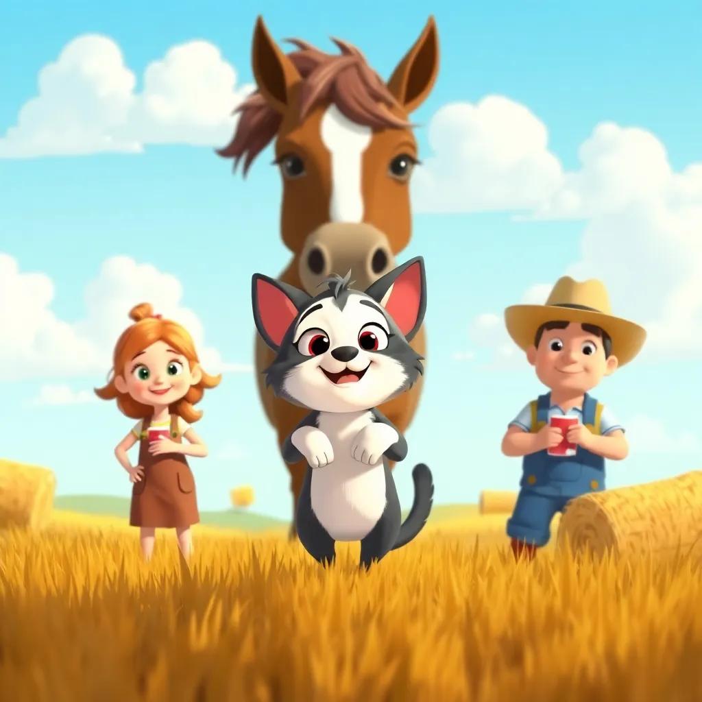 Puss sneaking towards farmers who are curious about him, in a sunny field with hay bales and a huge horse behind them, playful mood, illustration style, bright colors and cheerful expressions