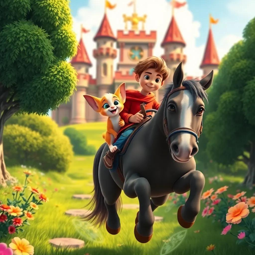 Puss and Jack riding the big horse joyfully towards the king's palace, with trees and flowers on both sides, adventurous, animated digital art, vibrant colors and engaging scene