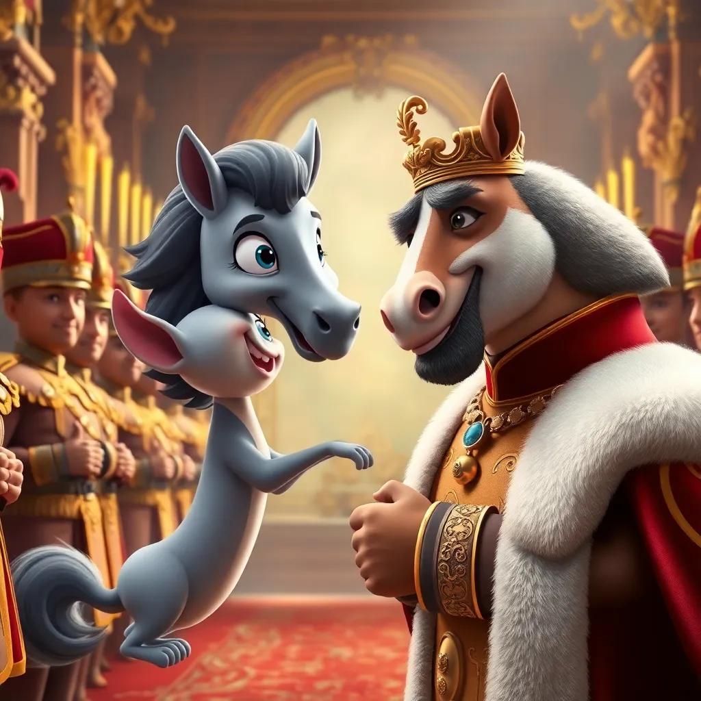 Puss presenting the stunning horse to the king, who looks delighted, surrounded by royal guards and elegant decorations in the palace, colorful, bright and cheerful, high quality