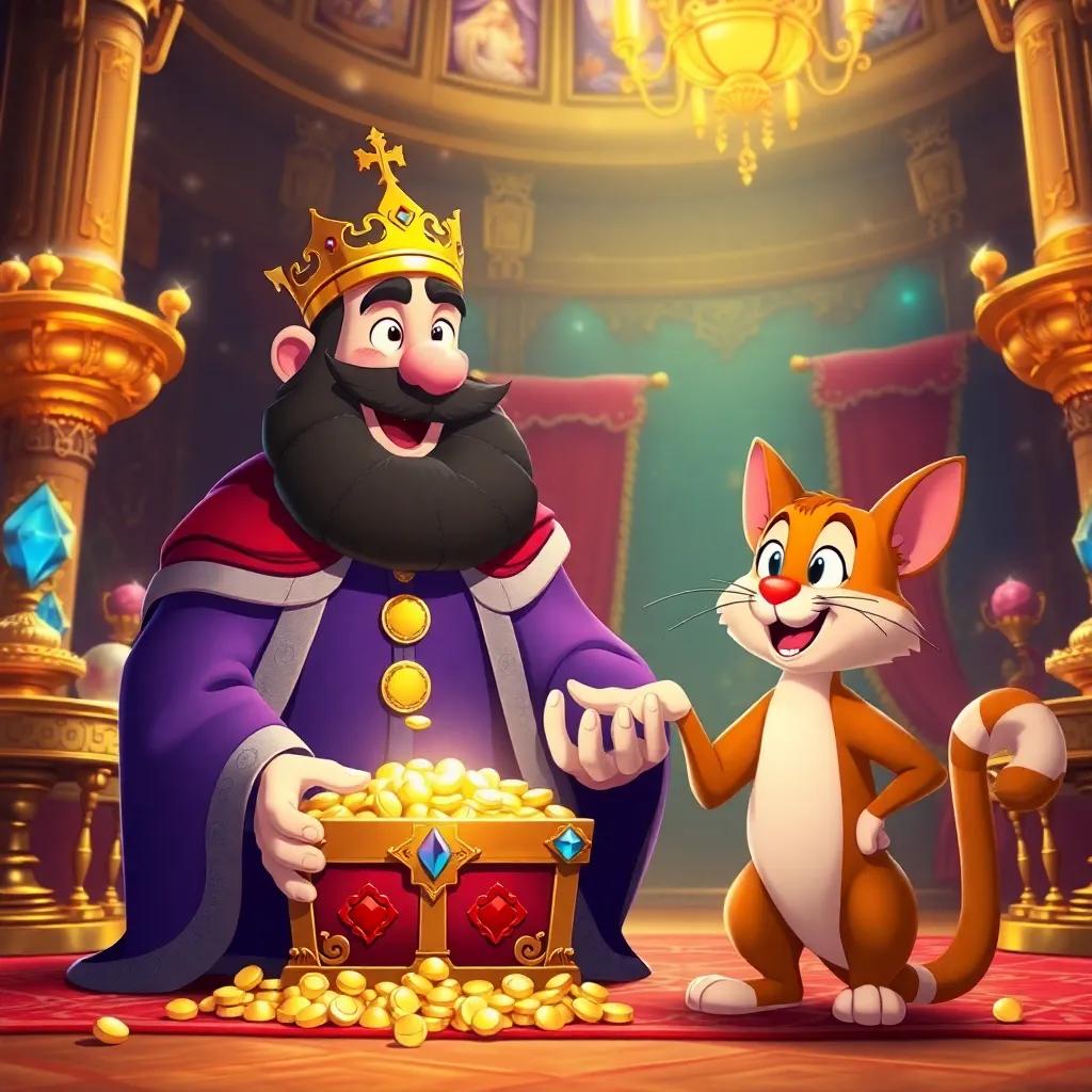 The king happily rewarding Jack with a shining chest of gold, Puss beside him looking proud, inside the grand palace filled with jewels and decorations, joyful atmosphere, colorful digital illustration
