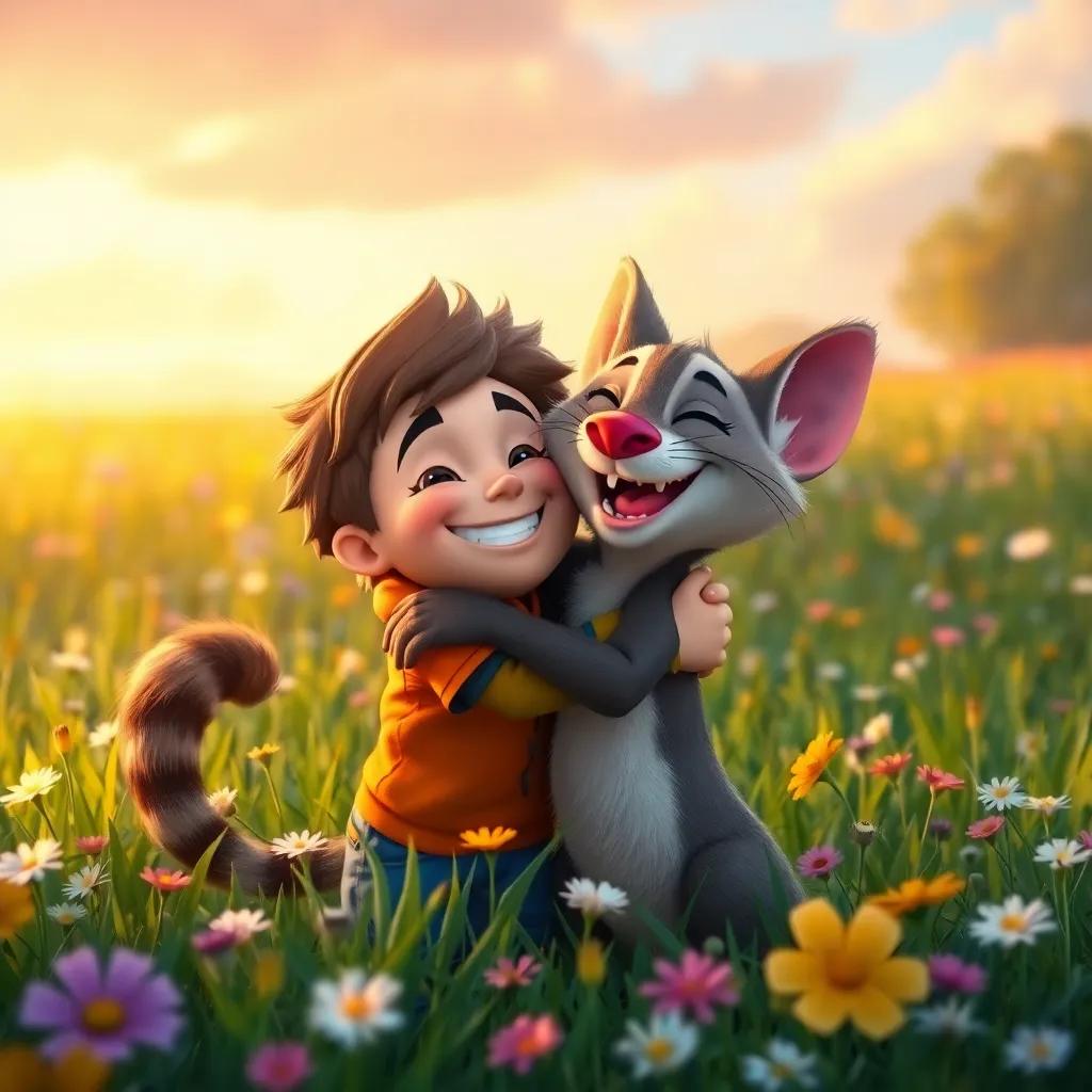 Jack giving Puss a big hug, both smiling joyfully in a beautiful meadow filled with flowers after their adventure, heartwarming scene, warm light and vibrant colors, tale-like quality