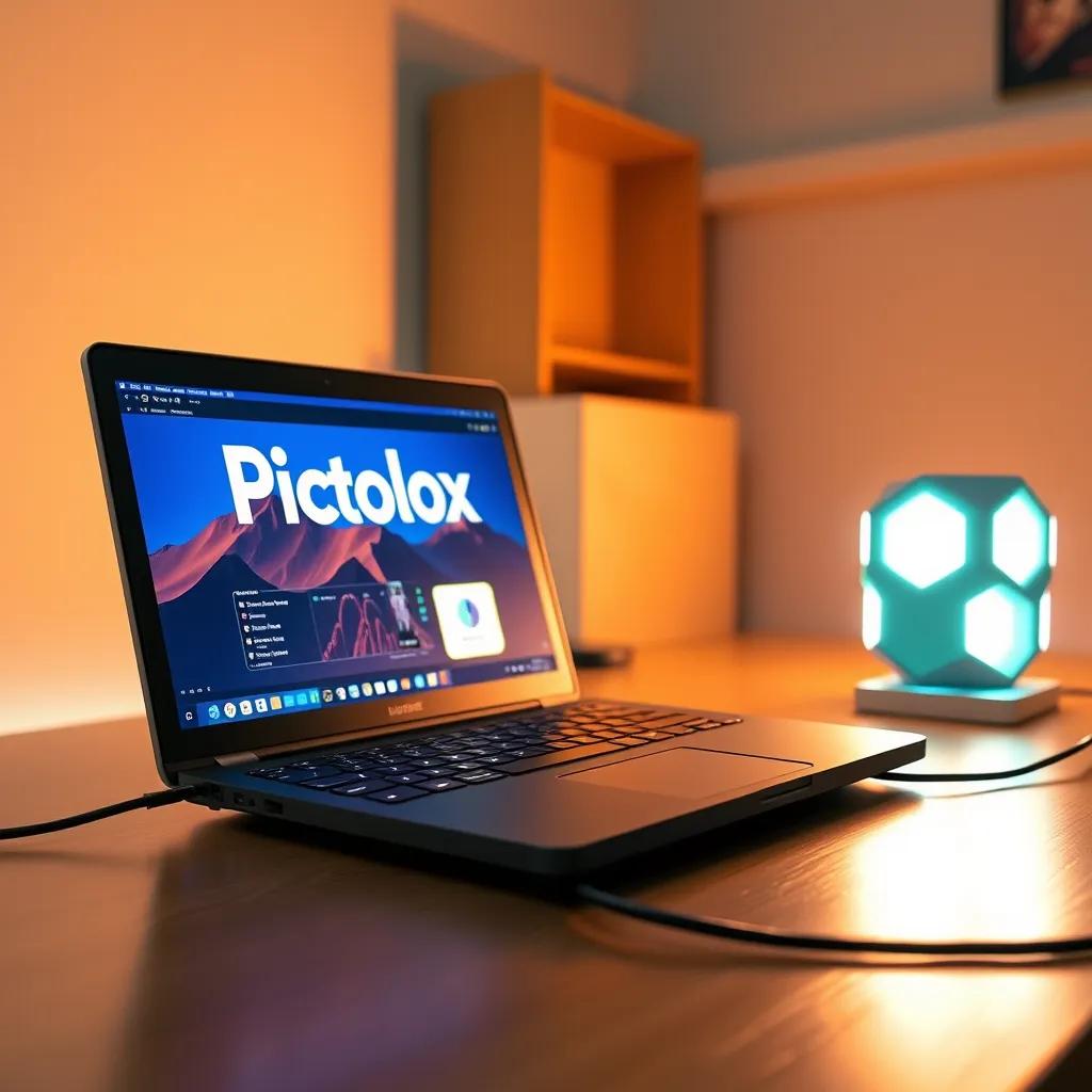 A laptop on a desk with PictoBlox open on the screen, and a USB cable connecting to Quarky, which is glowing, creating a tech-savvy environment, digital art, warm light, focused on the screen, high quality
