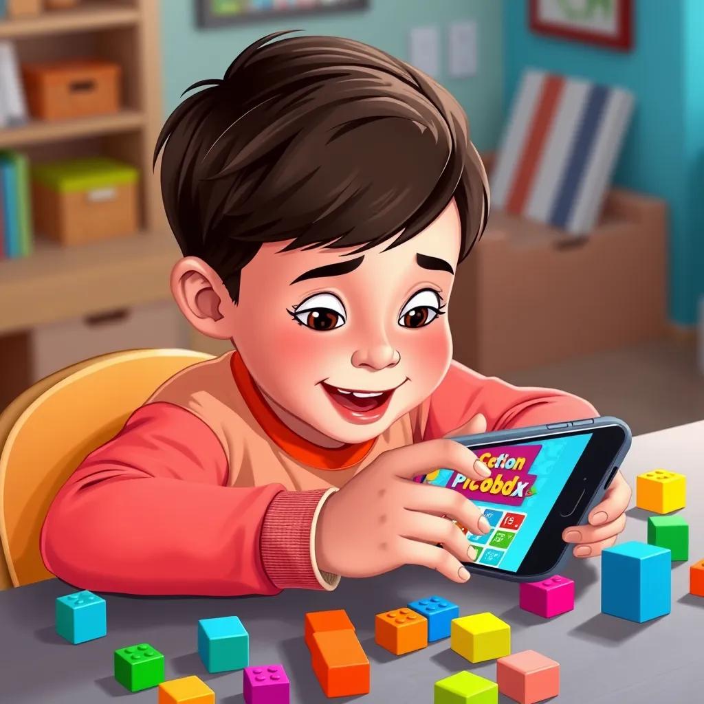 A young child using a smartphone, displaying the PictoBlox app, with a focused expression, sitting at a table with colorful coding blocks scattered around, illustration, bright colors, cheerful, high quality