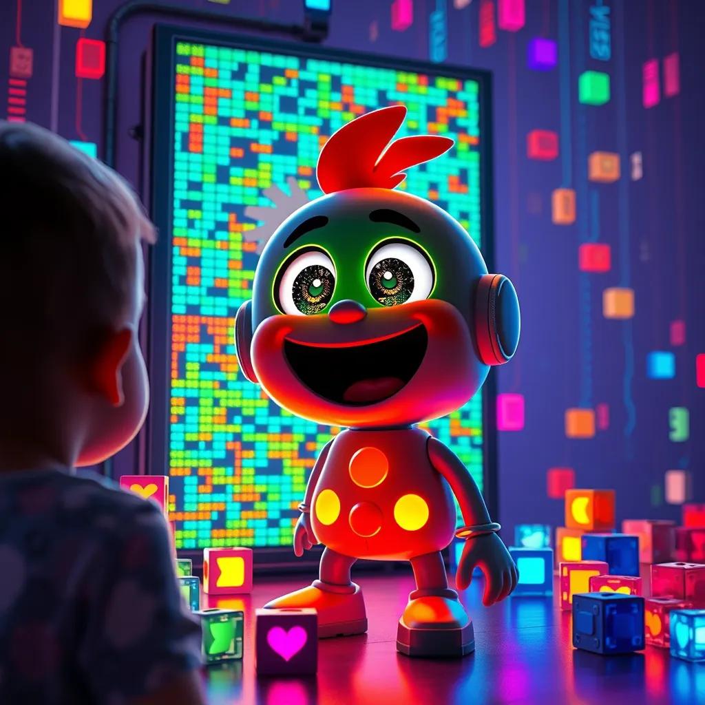 An excited scene where Quarky is showing a happy expression on the LED panel, surrounded by colorful coding blocks, with a child watching in amazement, digital art, vibrant colors, joyful atmosphere, high quality
