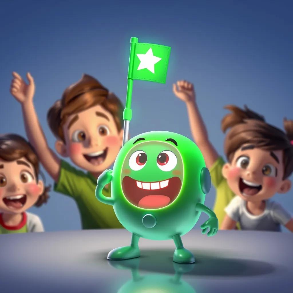 A green flag being clicked in PictoBlox, with Quarky glowing brightly, showing various expressions on its LED display, excited children in the background, digital painting, cheerful tone, action-oriented view, high quality