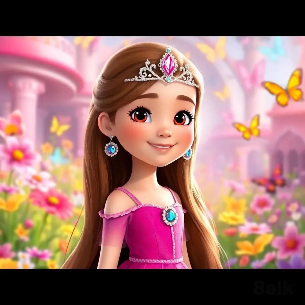 A young girl, Bella, with long brown hair, wearing a sparkling crown and a bright pink dress, standing proudly in a colorful kingdom filled with flowers and butterflies, digital art, vibrant colors, cheerful atmosphere, high quality