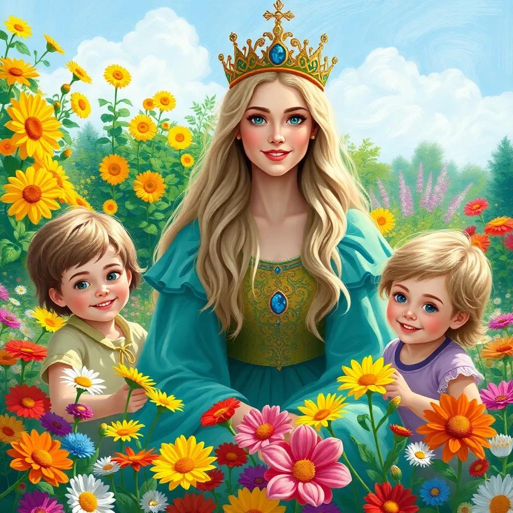 A beautiful queen, Kristen, with fair skin and long flowing hair, surrounded by three cheerful children playing in a colorful garden full of flowers, vibrant colors, cheerful atmosphere, digital art, sunny