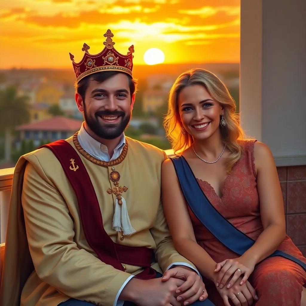 A noble king, Justin, with a kind smile, sitting with Queen Kristen on a balcony with a sunset behind them, soft light, warm colors, high quality, magical vibe, family love