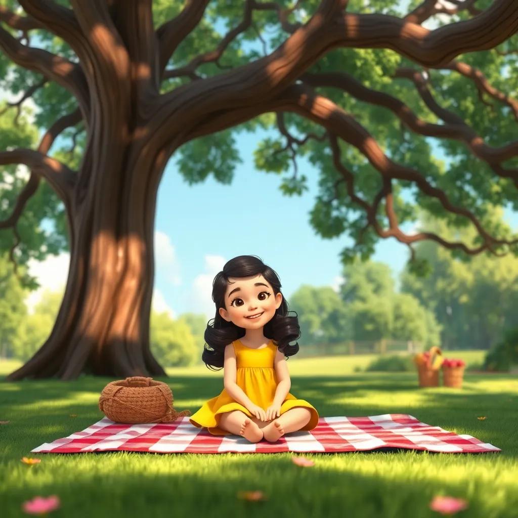 A girl named Rachel, with curly brown hair, wearing a bright red dress and sneakers, standing in a sunny park with trees around her, excitedly planning a garden project, digital art, cheerful, bright colors, warm and inviting atmosphere, high quality