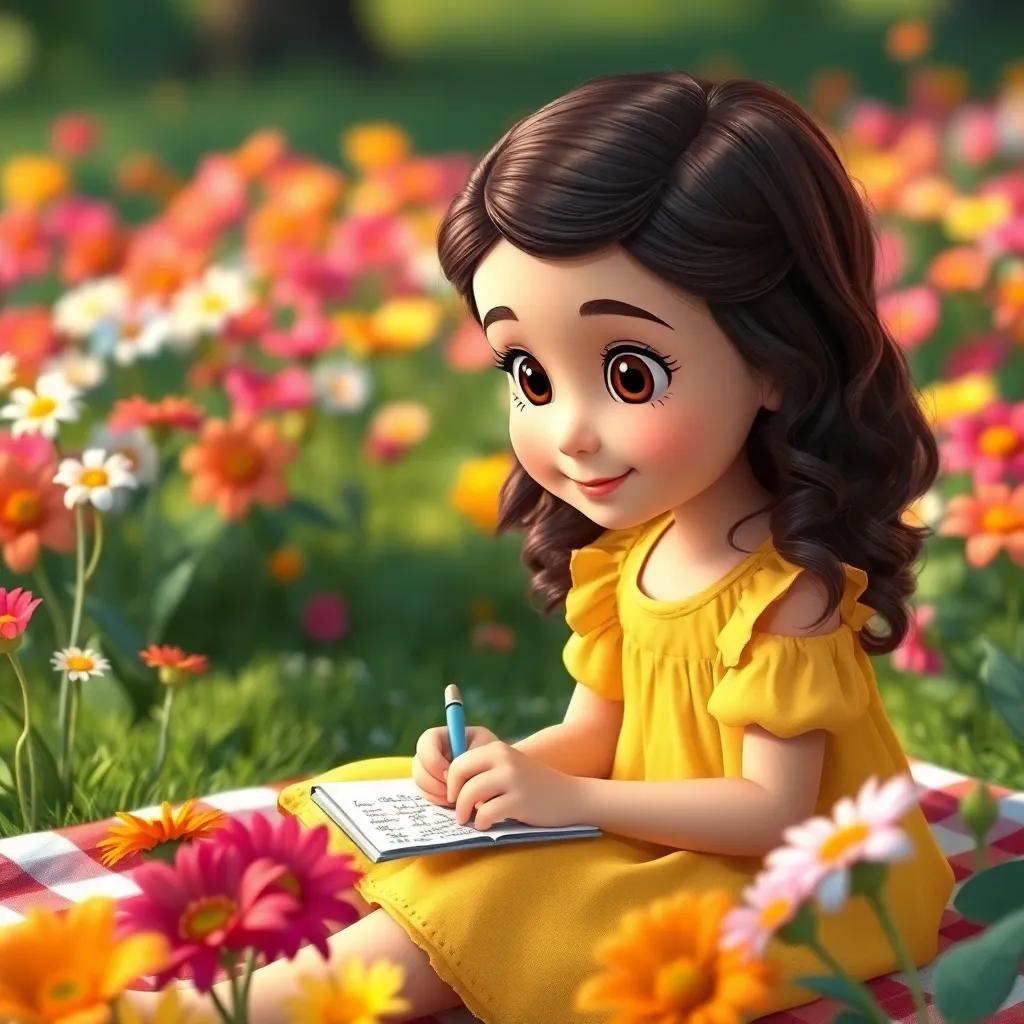 Rachel and friends digging in the earth, planting seeds in the garden, wearing colorful hats and gloves, surrounded by flowers and a blue sky, cheerful scene, playful, uplifting
