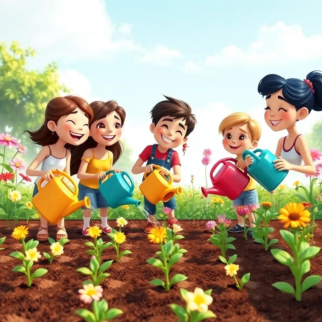 The friends watering the newly planted seeds, with watering cans, laughter in the air, and bright flowers starting to bloom, fun and lively, colorful, heartwarming