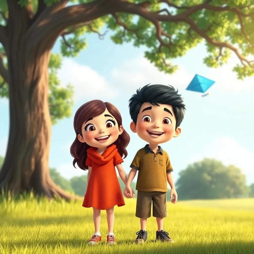Rachel and her friends standing proudly in front of their blooming garden, smiling and happy, with flowers around, a bright blue sky above, vibrant and cheerful, joyful atmosphere