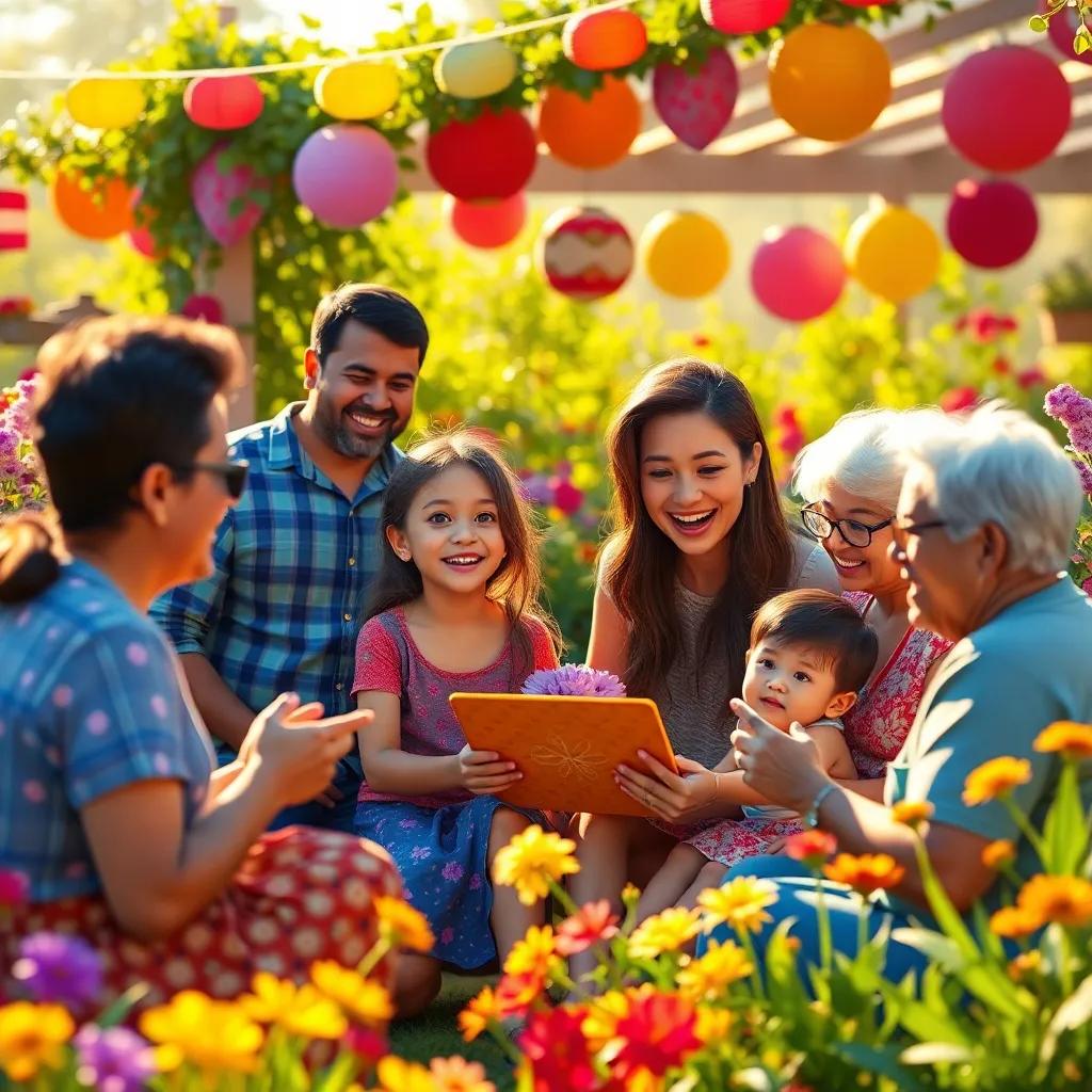 A large family gathering in the vibrant garden, with Rachel smiling as she shares her project, colorful decorations, joyful celebration, warm sunlight, rich and inviting colors